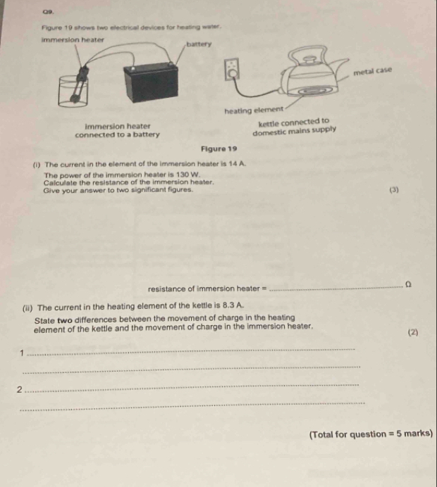 Figure 19 shows two electrical devices for heating water. 
immersion heater battery 
metal case 
heating element 
immersion heater 
kettle connected to 
connected to a battery 
domestic mains supply 
Figure 19 
(i) The current in the element of the immersion heater is 14 A. 
The power of the immersion heater is 130 W. 
Calculate the resistance of the immersion heater. (3) 
Give your answer to two significant figures. 
resistance of immersion heater = 
_n 
(ii) The current in the heating element of the kettle is 8.3 A. 
State two differences between the movement of charge in the heating 
element of the kettle and the movement of charge in the immersion heater. (2) 
1 
_ 
_ 
2 
_ 
_ 
(Total for question =5 marks)