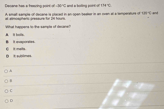 Solved: Decane has a freezing point of -30°C and a boiling point of 174 ...