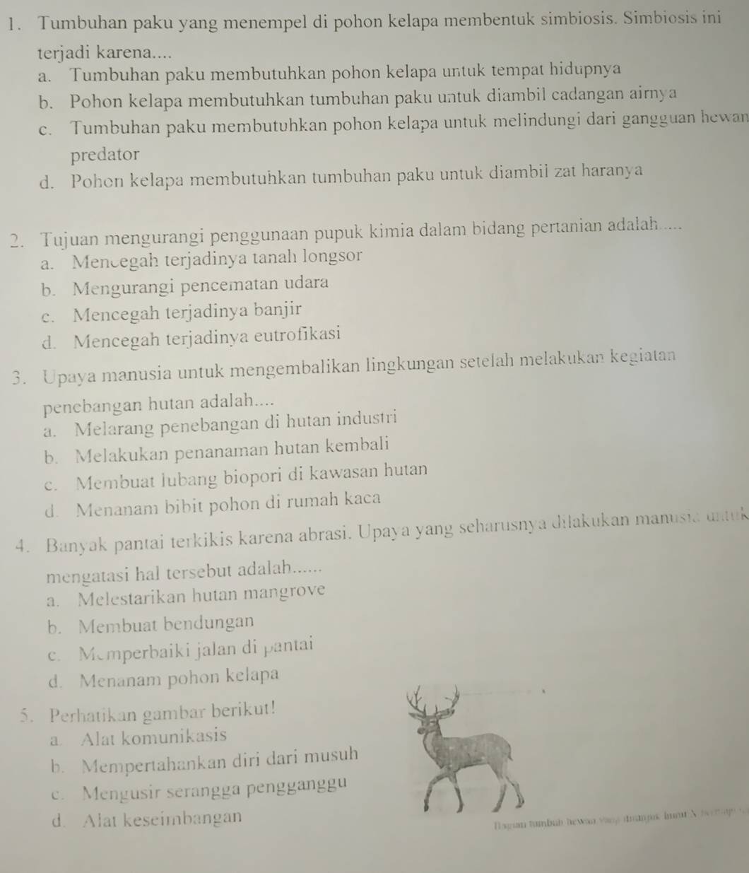 Tumbuhan paku yang menempel di pohon kelapa membentuk simbiosis. Simbiosis ini
terjadi karena....
a. Tumbuhan paku membutuhkan pohon kelapa untuk tempat hidupnya
b. Pohon kelapa membutuhkan tumbuhan paku untuk diambil cadangan airnya
c. Tumbuhan paku membutvhkan pohon kelapa untuk melindungi dari gangguan hewan
predator
d. Pohon kelapa membutuhkan tumbuhan paku untuk diambil zat haranya
2. Tujuan mengurangi penggunaan pupuk kimia dalam bidang pertanian adalah....
a. Mencegah terjadinya tanah longsor
b. Mengurangi pencematan udara
c. Mencegah terjadinya banjir
d. Mencegah terjadinya eutrofikasi
3. Upaya manusia untuk mengembalikan lingkungan setelah melakukan kegiatan
penebangan hutan adalah....
a. Melarang penebangan di hutan industri
b. Melakukan penanaman hutan kembali
c. Membuat lubang biopori di kawasan hutan
d. Menanam bibit pohon di rumah kaca
4. Banyak pantai terkikis karena abrasi. Upaya yang seharusnya dilakukan manusia untuk
mengatasi hal tersebut adalah......
a. Melestarikan hutan mangrove
b. Membuat bendungan
c. Memperbaiki jalan di pantai
d. Menanam pohon kelapa
5. Perhatikan gambar berikut!
a Alat komunikasis
b. Mempertahankan diri dari musuh
c. Mengusir serangga pengganggu
d. Alat keseimbangan
H agian tumbub hewan yang dmampos, huout N t p t