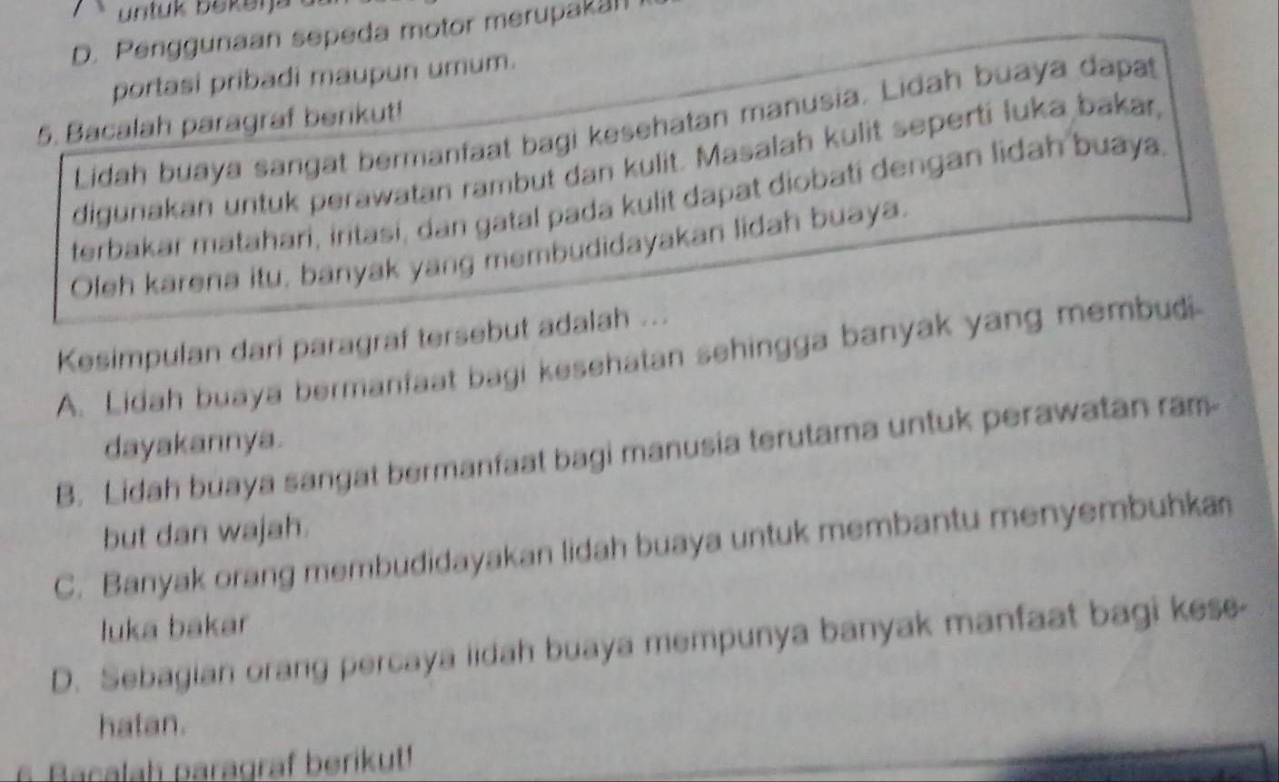 untük bekeija
D. Penggunaan sepeda motor merupakal
portasi pribadi maupun umum.
5. Bacalah paragraf berikut! Lidah buaya sangat bermanfaat bagi kesehatan manusia. Lidah buaya dapat
digunakan untuk perawatan rambut dan kulit. Masalah kulit seperti luka bakar,
terbakar matahari, iritasi, dan gatal pada kulit dapat diobati dengan lidah buaya.
Oleh karena itu, banyak yang membudidayakan lidah buaya.
Kesimpulan dari paragraf tersebut adalah ...
A. Lidah buaya bermanfaat bagi kesehatan sehingga banyak yang membudi
dayakannya.
B. Lidah buaya sangat bermanfaat bagi manusia terutama untuk perawatan ram-
but dan wajah.
C. Banyak orang membudidayakan lidah buaya untuk membantu menyembuhka
luka bakar
D. Sebagian orang percaya lidah buaya mempunya banyak manfaat bagi kese-
hatan.
6 B a calah paragraf berikutf