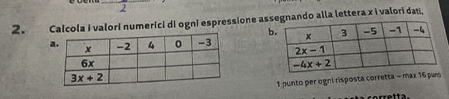 Calcola i valori numerici di ogni espressione assegnando alla lettera x i valori dati,
b
 
1 punto per ogni risposta corretta - max 16 puni
c   e    a