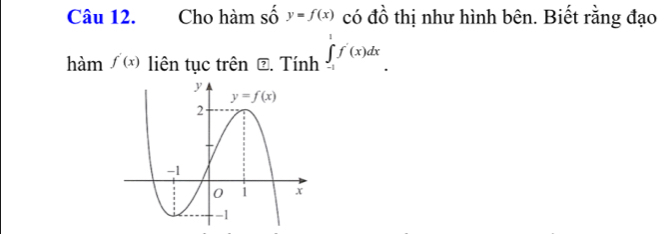 Cho hàm số y=f(x) có đồ thị như hình bên. Biết rằng đạo
hàm f'(x) liên tục trên ⑦. Tính ∈tlimits _(-1)^1f'(x)dx