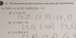 Use the points for f(x) to find the new points for the following.
(x,f(x))to (-2,2)(-1,0)(0,5)(1,-1)
a) y=f(-x)
b) y=f(x-3)
c) y=f(x)+4