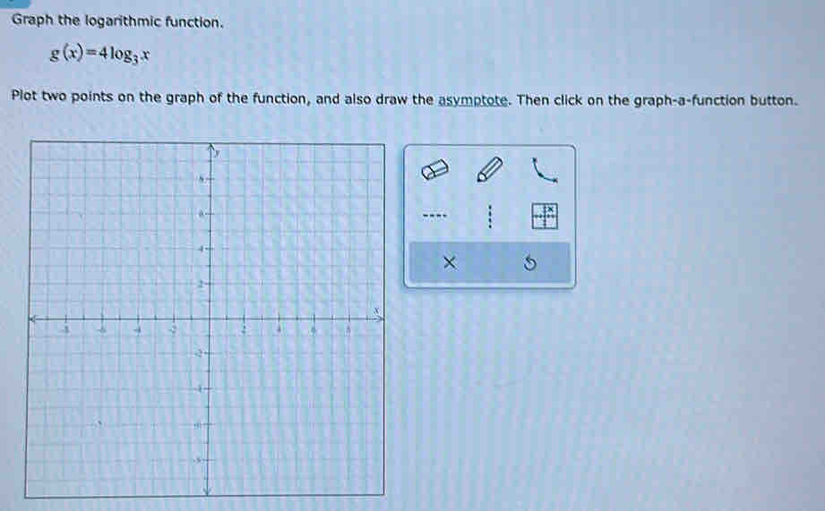 Graph the logarithmic function.
g(x)=4log _3x
Plot two points on the graph of the function, and also draw the asymptote. Then click on the graph-a-function button. 
---- 
×