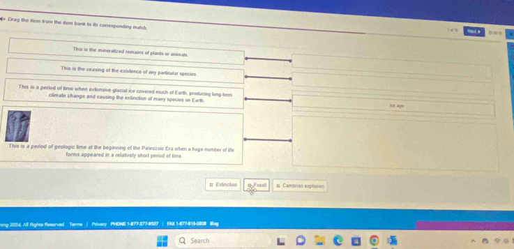 Drag the item from the itern bank to its corresponding match.
φ
This is the mineralized remains of plants or animals.
This is the ceasing of the existence of any particular species
This is a period of time when extensive glacial ice covered much of Earth, producing long-ten
climate change and causing the extinction of many species on Earth. ice ago
This is a period of geologic time at the beginning of the Paleozoic Era when a huge number of life
forms appeared in a relatively short period of time.
# Extinction #Fossil 1 Cambrian explosion
ning 2024, All Rights Reserved. Terme | Privacy PHONE 1-877-377-9537 I FAX 1-877-816-0808 Bng
Search