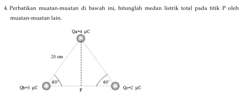 Perhatikan muatan-muatan di bawah ini, hitunglah medan listrik total pada titik P oleh
muatan-muatan lain.