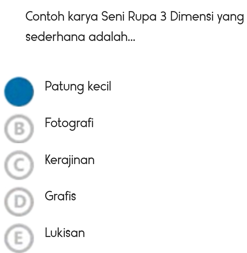 Contoh karya Seni Rupa 3 Dimensi yang
sederhana adalah...
Patung kecil
Fotografi
Kerajinan
Grafis
E Lukisan