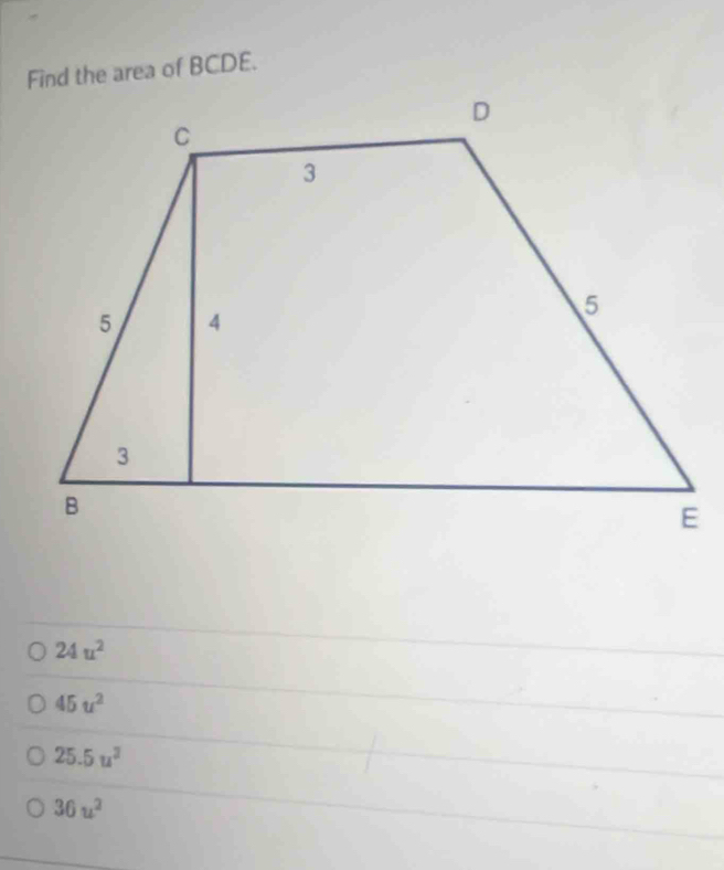 Find the area of BCDE.
24u^2
45u^2
25.5u^2
36u^2