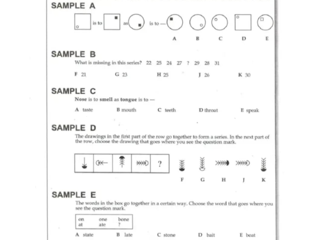 SAMPLE A
.
。
o
is to as is to —
o
。
A B C D E
SAMPLE B
What is missing in this series? 22 25 24 27 ? 29
F 21 G 23 H 25 J 26 K 30
SAMPLE C
Nose is to smell as tongue is to —
A taste B mouth C teeth D throat E speak
SAMPLE D
The drawings in the first part of the row go together to form a series. In the next part of
the row, choose the drawing that goes where you see the question mark.
?
F G H J K
SAMPLE E
The words in the box go together in a certain way. Choose the word that goes where you
see the question mark.
on one bone
at ate ?
A state B late C stone D bait E boat