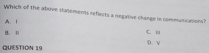 Which of the above statements reflects a negative change in communications?
A.I
B. Ⅱ C. ⅢI
D. V
QUESTION 19