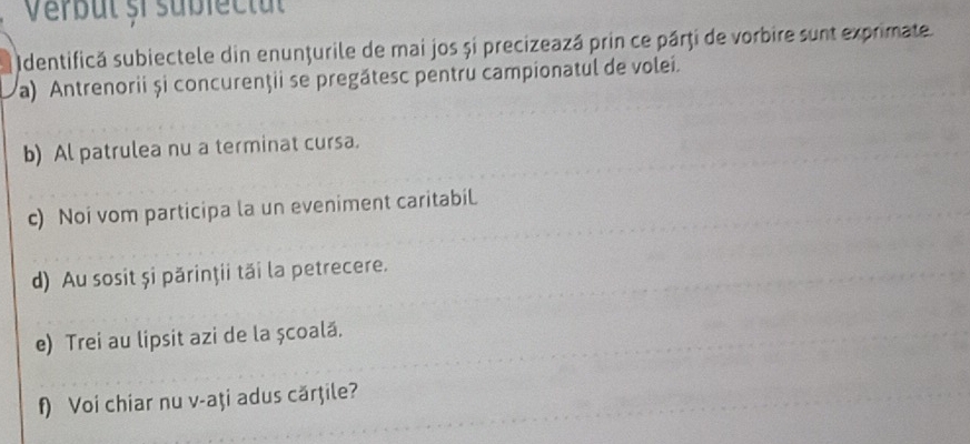 Verbut sisubiec t ut 
Identifică subiectele din enunțurile de mai jos și precizeazá prin ce párţi de vorbire sunt exprimate. 
a) Antrenorii și concurenţii se pregătesc pentru campionatul de volei. 
b) Al patrulea nu a terminat cursa. 
c) Noi vom participa la un eveniment caritabiL 
d) Au sosit și părinţii tăi la petrecere. 
e) Trei au lipsit azi de la școală. 
f) Voi chiar nu v-aţi adus cărţile?