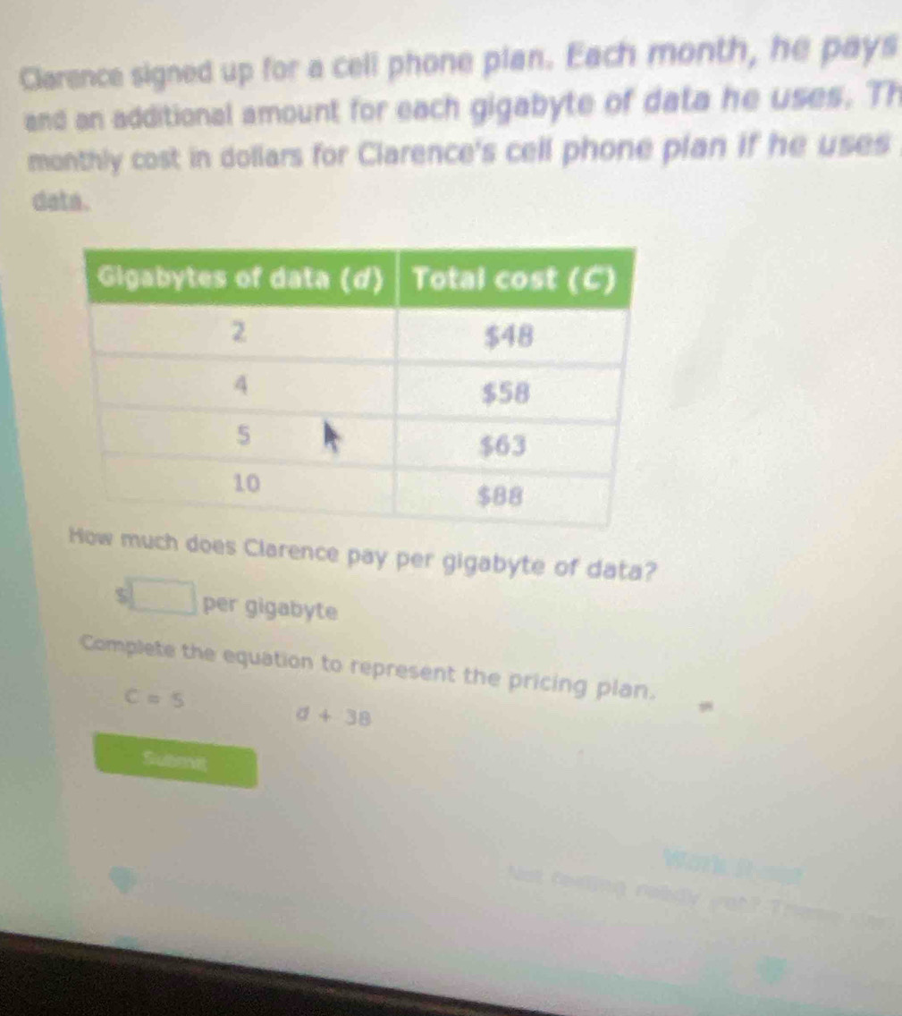 Clarence signed up for a cell phone plan. Each month, he pays 
and an additional amount for each gigabyte of data he uses. Th 
monthly cost in dollars for Clarence's cell phone plan if he uses 
data. 
ch does Clarence pay per gigabyte of data?
$ per gigabyte
Complete the equation to represent the pricing plan.
c=5
d+38
Suemet