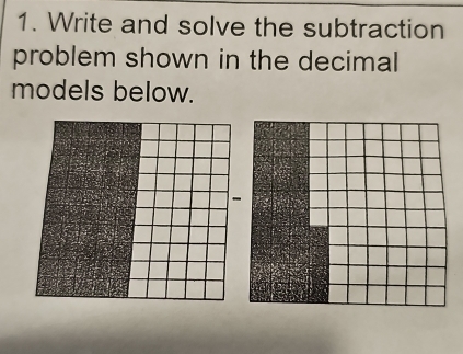 Write and solve the subtraction 
problem shown in the decimal 
models below.