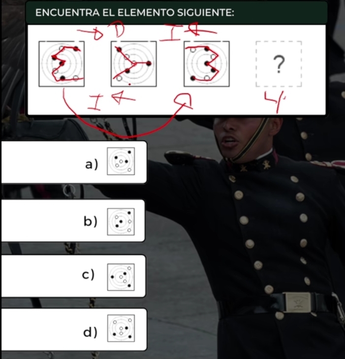 ENCUENTRA EL ELEMENTO SIGUIENTE:
?
a) 。
b)
c)
a
d)