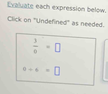 Evaluate each expression below. 
Click on "Undefined" as needed.
 3/0 =□
0/ 6=□