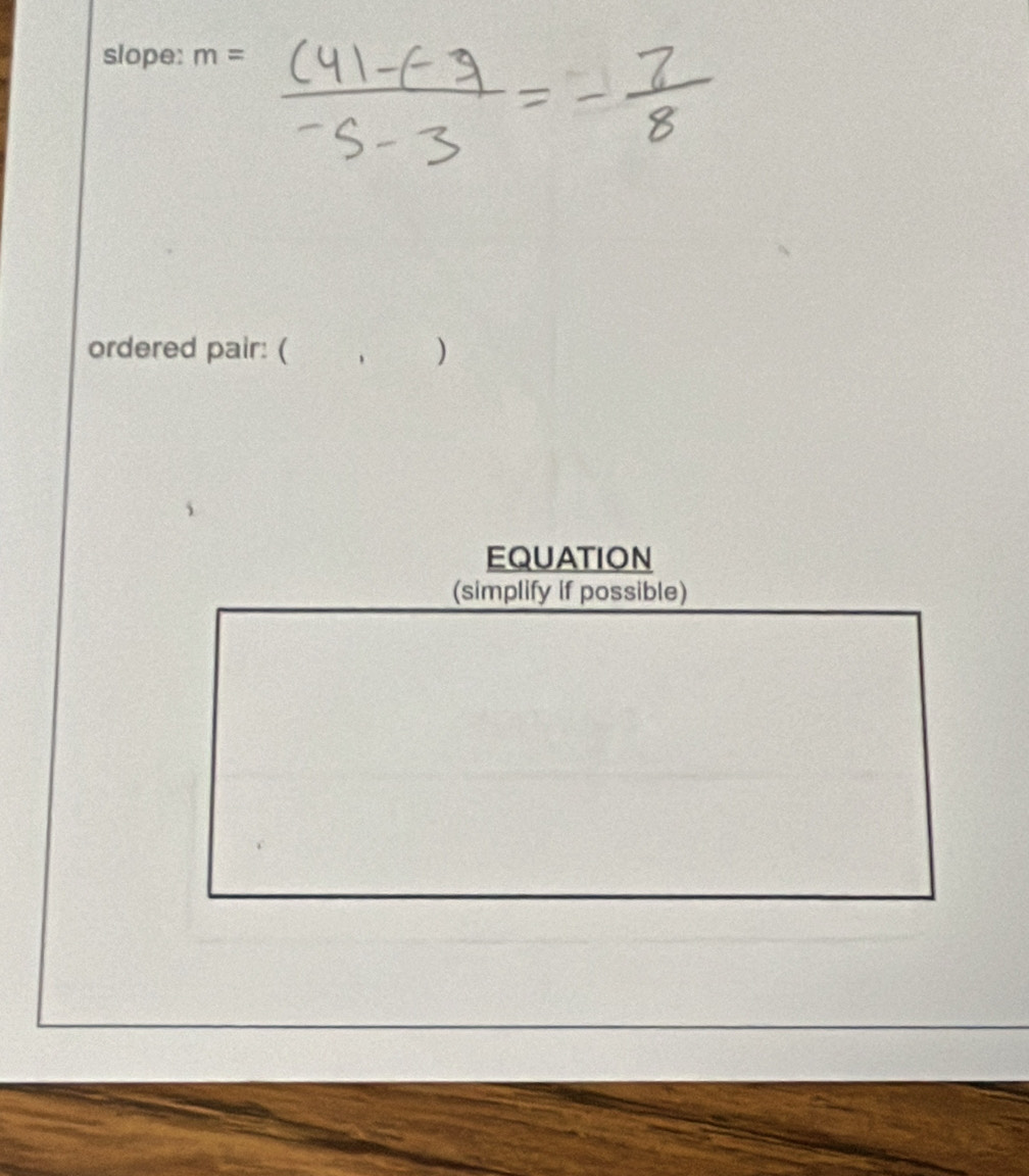 slope: m=
ordered pair: ( 、 ) 
EQUATION 
(simplify if possible)