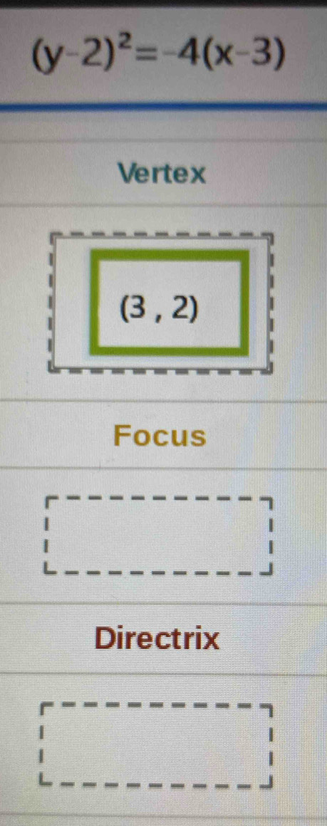 (y-2)^2=-4(x-3)
Vertex
(3,2)
Focus
Directrix