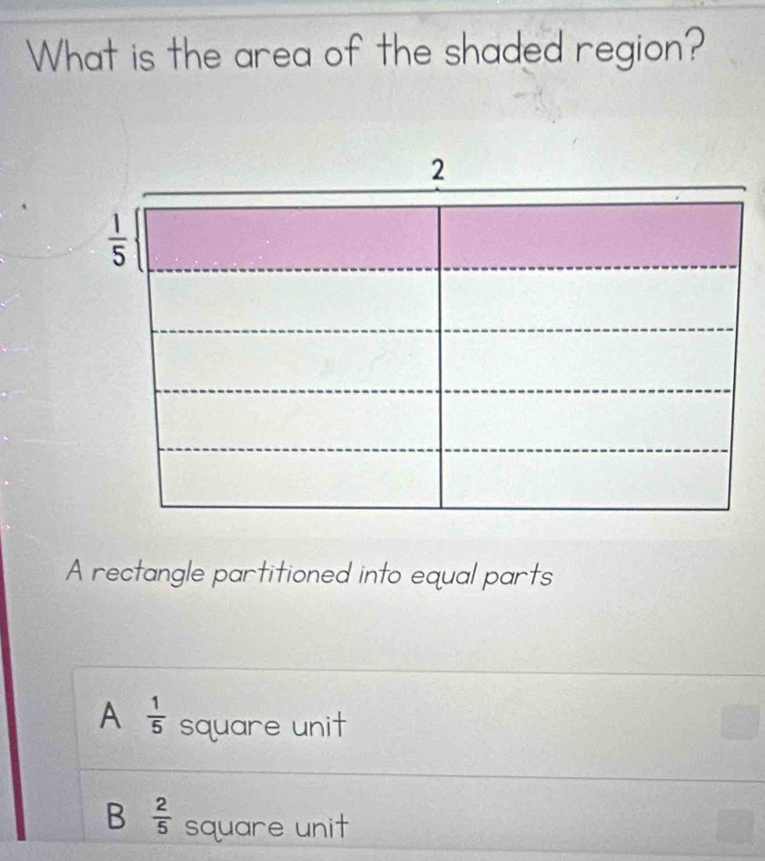 What is the area of the shaded region?
2
 1/5 
A rectangle partitioned into equal parts
A  1/5  square unit
B  2/5  square unit