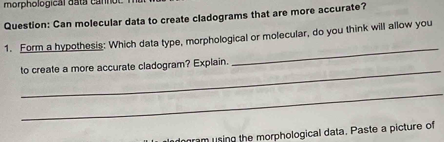 morphological datá cannol. 
Question: Can molecular data to create cladograms that are more accurate? 
_ 
1. Form a hypothesis: Which data type, morphological or molecular, do you think will allow you 
_ 
to create a more accurate cladogram? Explain. 
_ 
ngram using the morphological data. Paste a picture of