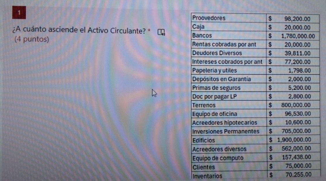 1 
¿A cuánto asciende el Activo Circulante? * 
(4 puntos) 
Inventarios $ 70.255.00