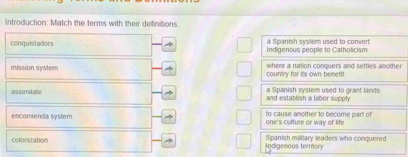 Introduction: Match the terms with their definitions.
conquistadors a Spanish system used to convert
Indigenous people to Catholicism
mission system where a nation conquers and settles another
country for its own benefit
a Spanish system used to grant lands
assimilate and establish a labor supply
encomienda system to cause another to become part of
one's culture or way of life
Spanish military leaders who conquered
colonization ndigenous territory