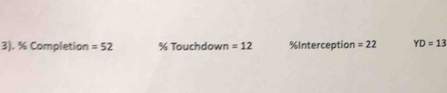 3). % Completion =52 % Touchdown =12 % Interception =22 YD=13