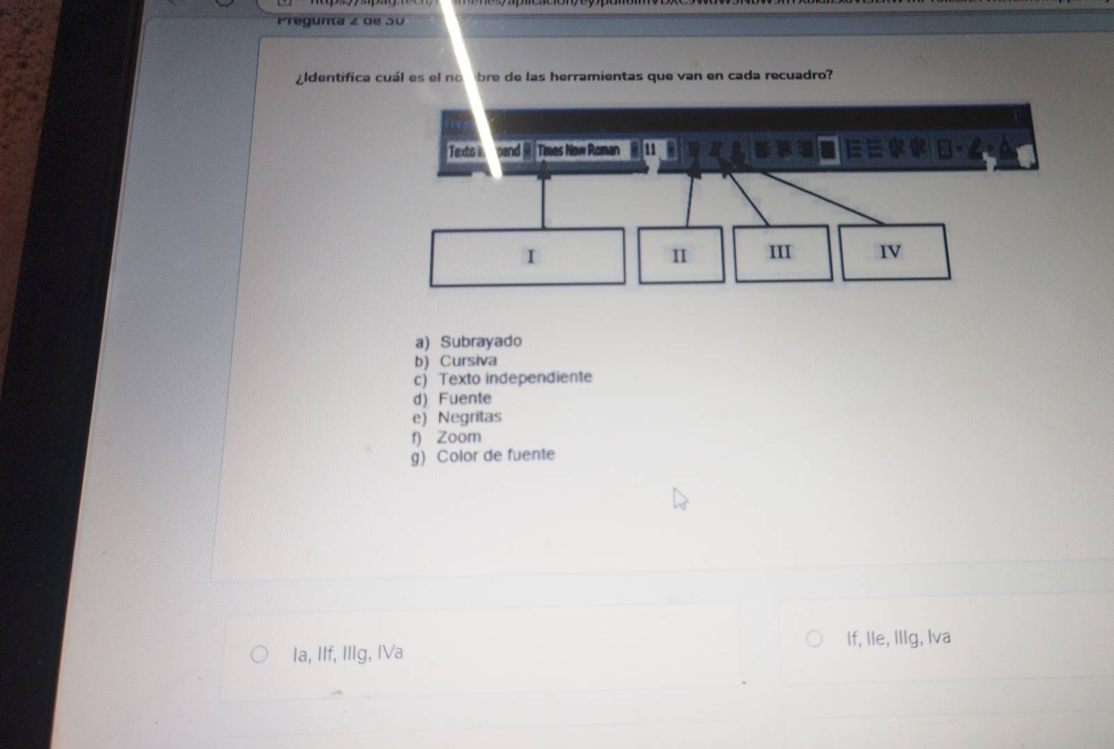 Pregunta z de 50 
¿dentifica cuál es el no bre de las herramientas que van en cada recuadro? 
a) Subrayado 
b) Cursiva 
c) Texto independiente 
d) Fuente 
e) Negritas 
f) Zoom 
g) Color de fuente 
If, Ile, IlIg, Iva 
Ia, IIf, IIIg, IVa