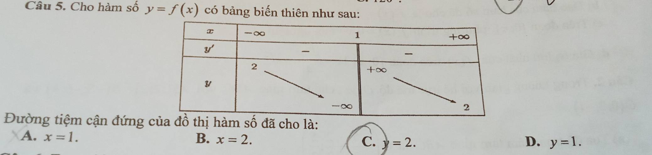 Cho hàm số y=f(x) có bảng biến thiên như sau:
Đường tiệm cận đứng của đồ thị hàm số đã cho là:
A. x=1. B. x=2. C. y=2. D. y=1.