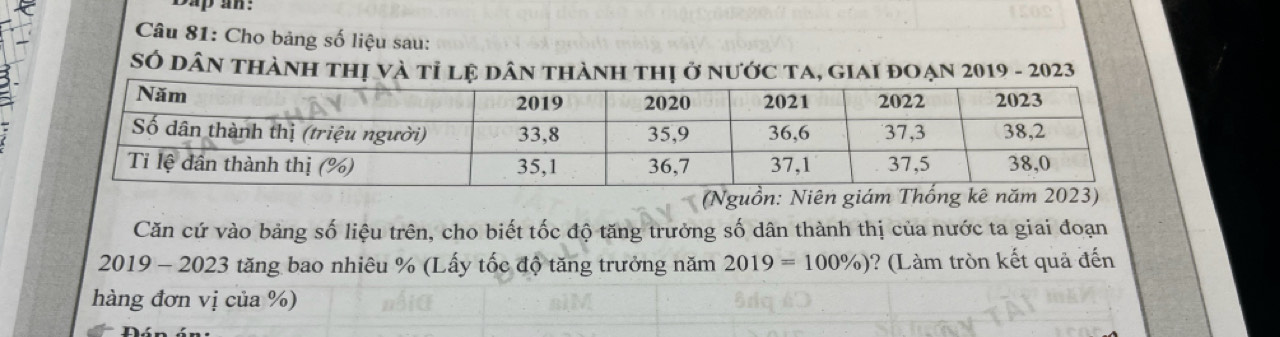 Cho bảng số liệu sau: 
SÓ dân thànH thị và tỉ lệ dân thành thị ở nước ta, giai đoạn 2019 - 2023 
(Nguồn: Niên giám 
Căn cứ vào bảng số liệu trên, cho biết tốc độ tăng trưởng số dân thành thị của nước ta giai đoạn 
2019 - 2023 tăng bao nhiêu % (Lấy tốc độ tăng trưởng năm 2019=100% ) ? (Làm tròn kết quả đến 
hàng đơn vị của %)