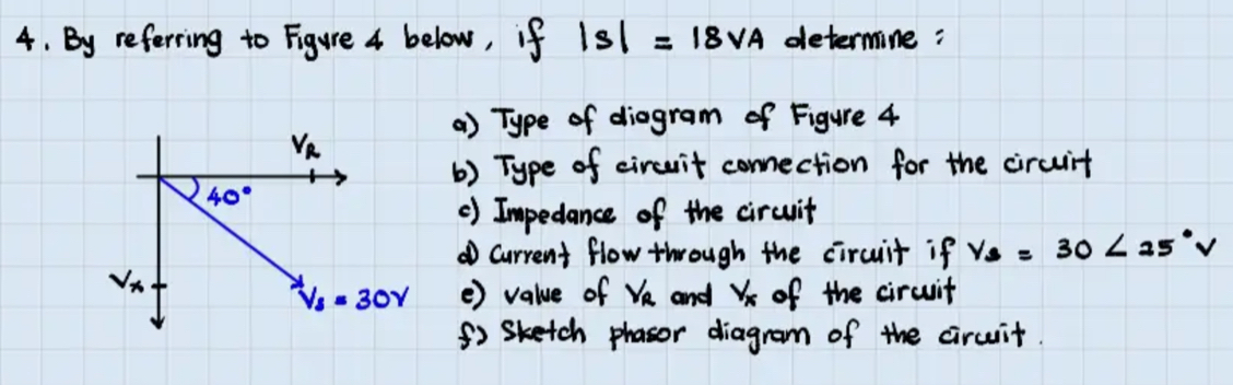 By referring to Figure 4 below, if |s|=18v_A determine: 
a) Type of diagram of Figure 4
v_R
() Type of circuit connection for the circuit
40°
() Impedance of the circuit 
① current flow through the circuit if y_B=30<25°V
v_x
V_8=30V () value of v_R and v_x of the circuit 
f Sketch phasor diagram of the ciruit.