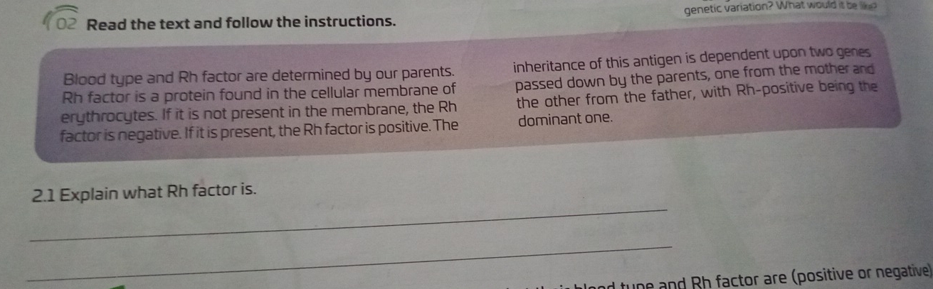 Read the text and follow the instructions. genetic variation? What would it be like? 
Blood type and Rh factor are determined by our parents. inheritance of this antigen is dependent upon two genes 
Rh factor is a protein found in the cellular membrane of passed down by the parents, one from the mother and 
erythrocytes. If it is not present in the membrane, the Rh the other from the father, with Rh-positive being the 
factor is negative. If it is present, the Rh factor is positive. The dominant one. 
_ 
2.1 Explain what Rh factor is. 
_ 
ad tune and Rh factor are (positive or negative)