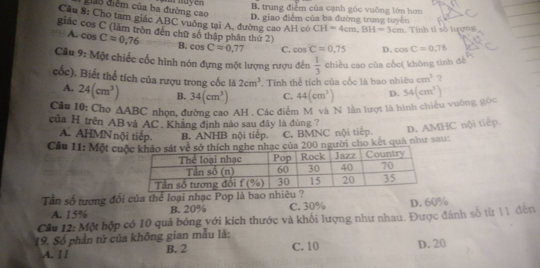 huyen B. trung điểm của cạnh góc vuông lớn hơn
giảo điểm của ba đường cao
D. giao điểm của ba đường trung tuyển
Câu 8: Cho tam giác ABC vuông tại A, đường cao AH có CH=4cm,BH=3cm. Tính tỉ số lượng
giác cos s C (làm tròn đến chữ số thập phân thứ 2)
A. cos Capprox 0,76
B. cos Capprox 0,77
C. cos Capprox 0,75 D. cos Capprox 0,78
Câu 9: Một chiếc cốc hình nón đựng một lượng rượu đến  1/3  chiều cao của cốc( không tính đế
cốc). Biết thể tích của rượu trong cốc là 2cm^3. Tính thể tích của cốc là bao nhiêu cm^3 ?
A. 24(cm^3)
B. 34(cm^3) 44(cm^3)
C.
D. 54(cm^3)
Câu 10: Cho △ ABC nhọn, đường cao AH . Các điểm M và N lần lượt là hình chiếu vuông góc
của H trên AB và AC. Khẳng định nào sau đây là đúng ?
A. AHMN nội tiếp. B. ANHB nội tiếp. C. BMNC nội tiếp.
D. AMHC nội tiếp.
Câu 11: Một cuủa 200 người cho kết quả như sau:
Tần số tương đối của thể loại nhạc Pop là bao nhiêu ?
A. 15%
B. 20% C. 30%
D. 60%
Câu 12: Một hộp có 10 quả bóng với kích thước và khối lượng như nhau. Được đánh số từ 11 đến
19. Số phần tử của không gian mẫu là:
B. 2 C. 10
A. 1 1 D. 20