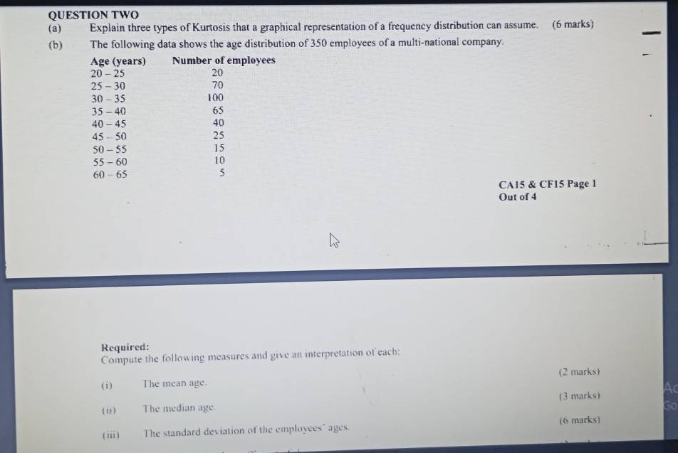 QUESTION TWO 
(a) Explain three types of Kurtosis that a graphical representation of a frequency distribution can assume. (6 marks) 
(b) The following data shows the age distribution of 350 employees of a multi-national company. 
Age (years) Number of employees
20 - 25 20
25 - 30 70
30 - 35 100
35 - 40 65
40 - 45 40
45 - 50 25
50 - 55 15
55 - 60 10
60 - 65 5
CA15 & CF15 Page 1 
Out of 4 
Required: 
Compute the following measures and give an interpretation of each: 
(2 marks) 
(i) The mean age. 
(i1) The median age. (3 marks) A 
Go 
(ⅲ) The standard deviation of the employees" ages. (6 marks)