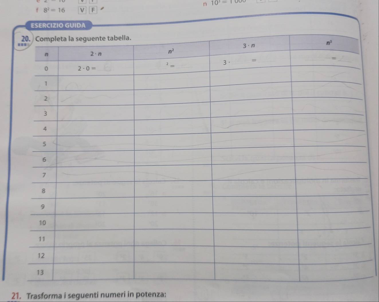 10^3=1000
f 8^2=16 V F
ESERCIZIO GUIDA
21. Trasforma i seguenti numeri in potenza: