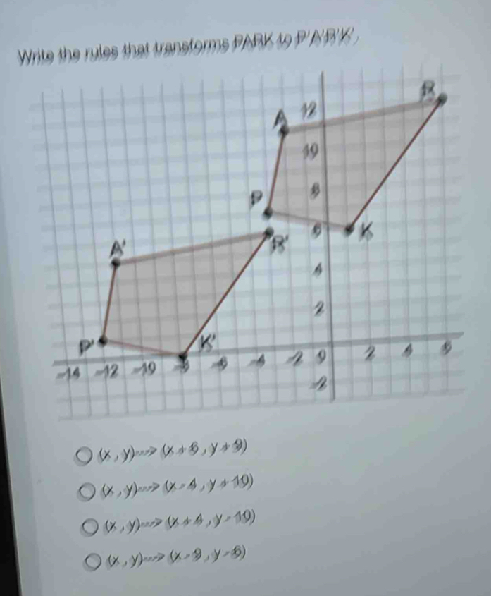 Write the rules that transforms PARK to P'A'B'K' .
(x,y)Longleftrightarrow (x+6,y+9)
(x,y)Longleftrightarrow (x-4,y+10)
(x,y)Longleftrightarrow (x+4,y=10)
(x,y)Longleftrightarrow (x-9,y=6)