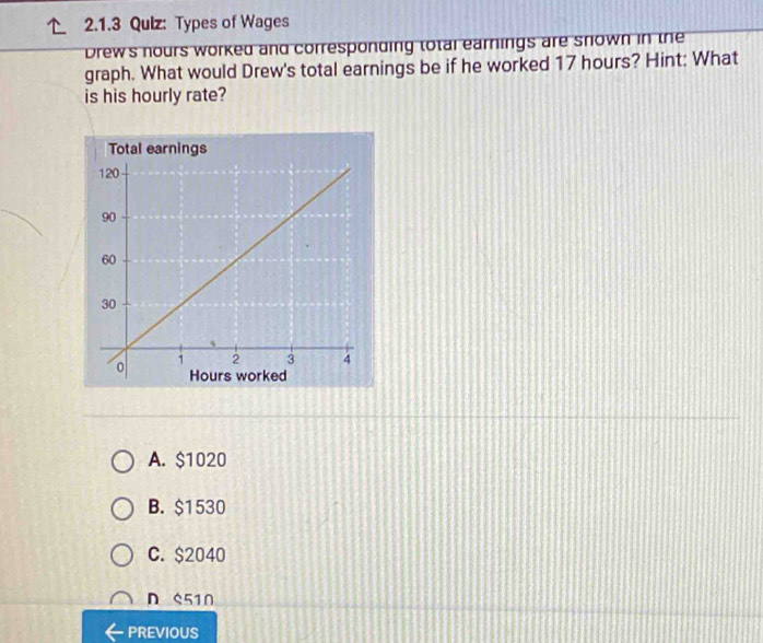 Qulz: Types of Wages
Drew's nours worked and corresponding total earnings are snown in the
graph. What would Drew's total earnings be if he worked 17 hours? Hint: What
is his hourly rate?
A. $1020
B. $1530
C. $2040
D S510
PREVIOUS