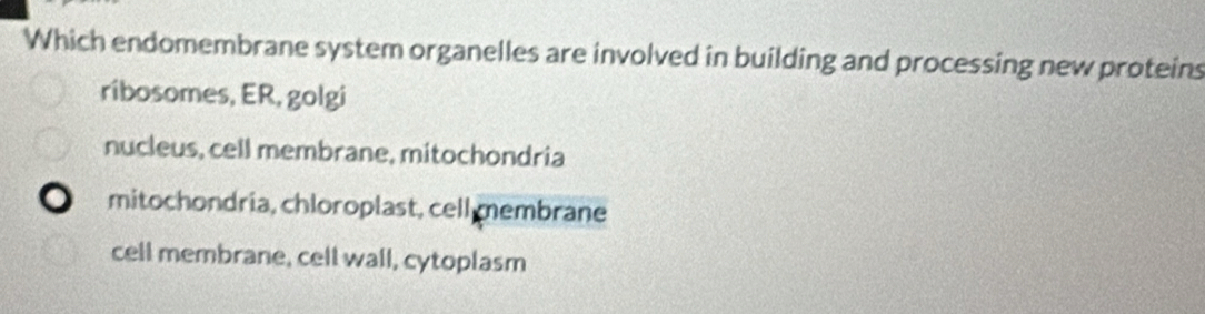 Which endomembrane system organelles are involved in building and processing new proteins
ribosomes, ER, golgi
nucleus, cell membrane, mitochondria
mitochondria, chloroplast, cell membrane
cell membrane, cell wall, cytoplasm