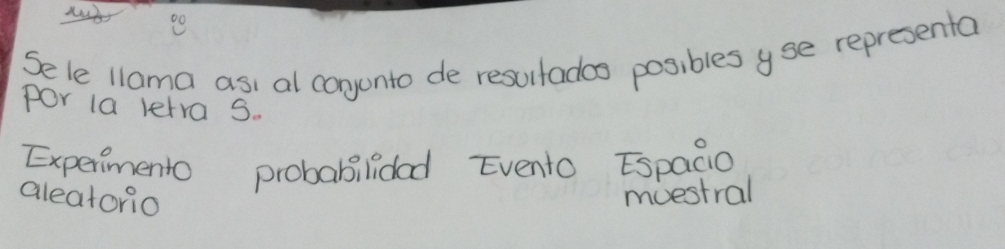 Sele llama as, al conjonto de resultados posibles yse representa
por la letra S.
Experimento probabilidad Evento Espacio
aleatonio muestral