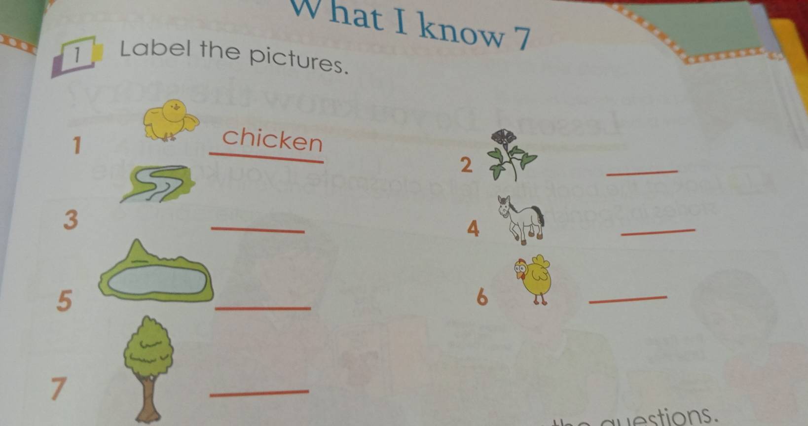 What I know 7 
1 
Label the pictures. 
1 
chicken 
2 
_ 
3 
_ 
4 
_ 
5 
_ 
6 
_ 
7 
_