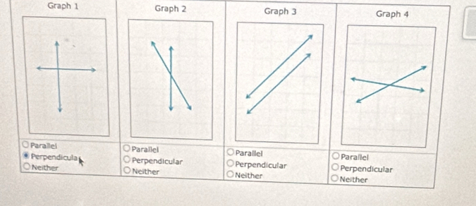 Graph 1 Graph 2
Parallel Parallel Parallel Parallel
Perpendicula Perpendicular Perpendicular Perpendicular
Neither Neither Neither Neither