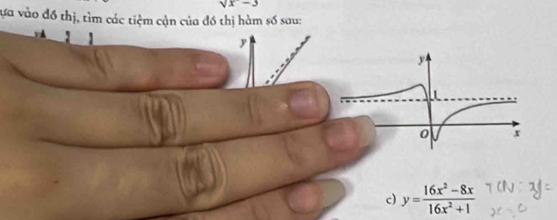 sqrt(x)-3
vựa vào đồ thị, tìm các tiệm cận của đồ thị hàm số sau: 
'
y
c) y= (16x^2-8x)/16x^2+1 