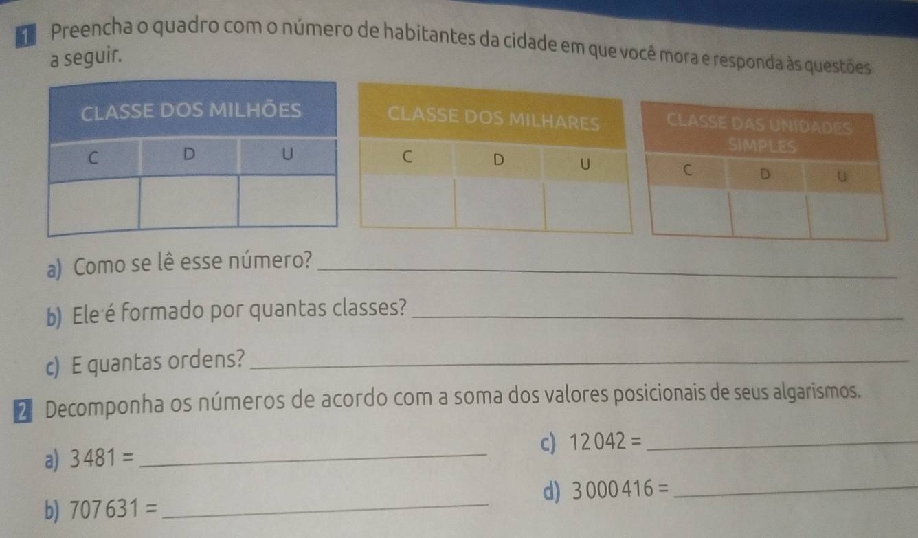 Preencha o quadro com o número de habitantes da cidade em que você mora e responda às questões 
a seguir. 
a) Como se lê esse número?_ 
b) Ele'é formado por quantas classes?_ 
c) E quantas ordens?_ 
2 Decomponha os números de acordo com a soma dos valores posicionais de seus algarismos. 
a) 3481= _c) 12042= _ 
d) 3000416= _ 
b) 707631= _