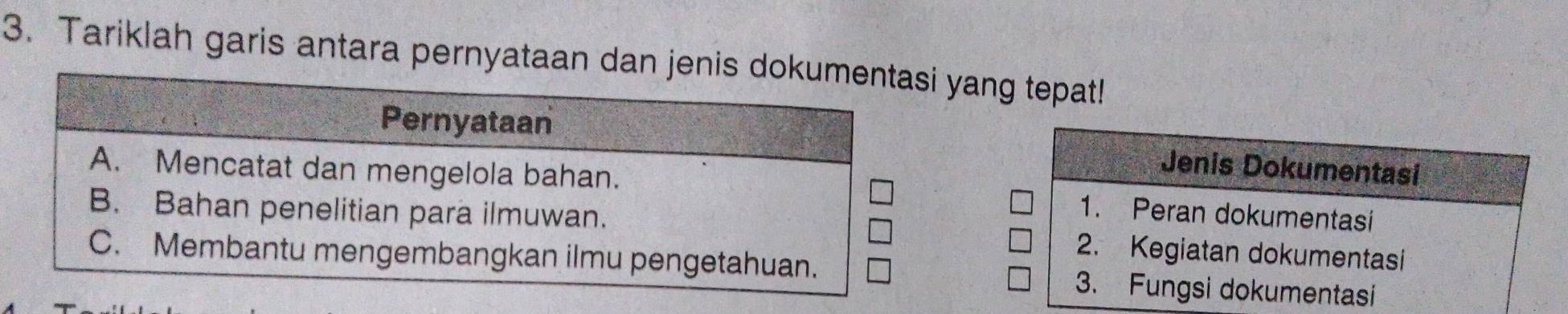 Tariklah garis antara pernyataan dyang tepat! 
Jenis Dokumentasi 
1. Peran dokumentasi 
2. Kegiatan dokumentasi 
3. Fungsi dokumentasi