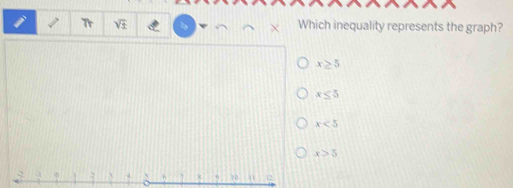 Tr sqrt(x) Which inequality represents the graph?
x≥ 5
x≤ 5
x<5</tex>
x≥slant 5
 10 1 12
