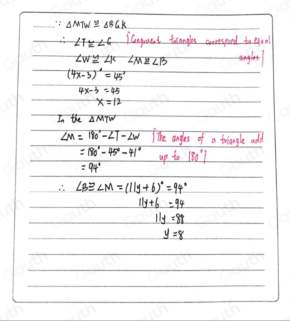 Solved: Given MTW≌ BGK , find the values of x and y. [Math]