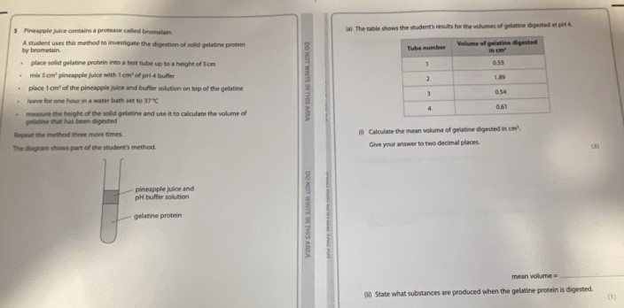 Pineapple juice contains a protease called bromalain. (a) The table shows the student's results for the volumes of gelatine digested at pH 4.
by bromelain. A student uses this method to investigate the digestion of solid gelatine protein 
place solid gelatine protein into a test tube up to a height of S cm 
mix 5cm^3 pineapple juice with 1cm^3 of pH 4 buffer 
place 1cm^2 of the pineapple juice and buffer solution on top of the gelatine
leave for one hour in a water bath set to 37°C
gelatine that has been digested measure the height of the solid gelatine and use it to calculate the volume of
Repext the methad three more times.
The diagram shows part of the student's method. (1) Calculate the mean volume of gelatine digested
cm^2.
Give your answer to two decimal places. (3)
pH buffer solution pineapple juice and
gelatine protein
7
mean volume =_
(ii) State what substances are produced when the gelatine protein is digested. (1)