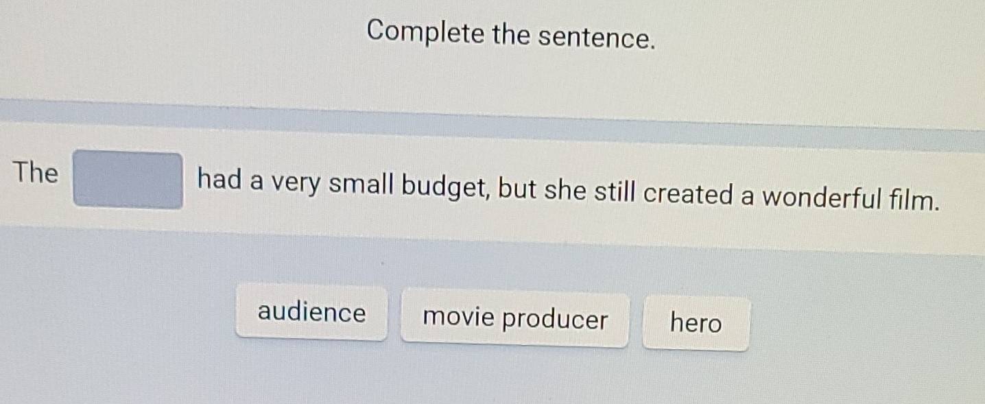 Complete the sentence.
The had a very small budget, but she still created a wonderful film.
audience movie producer hero