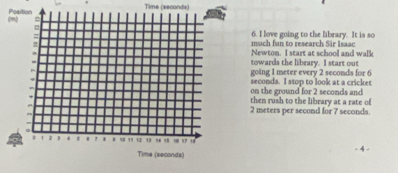 Time (seconds) 
( 
6. I love going to the library. It is so 
much fun to research Sir Isaac 
Newton. I start at school and walk 
towards the library. I start out 
going 1 meter every 2 seconds for 6
seconds. I stop to look at a cricket 
on the ground for 2 seconds and 
then rush to the library at a rate of
2 meters per second for 7 seconds.