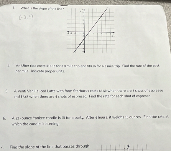 What is the slope of the line? 
4. An Uber ride costs $13.15 for a 3 mile trip and $18.25 for a 5 mile trip. Find the rate of the cost 
per mile. Indicate proper units. 
5. A Venti Vanilla Iced Latte with from Starbucks costs $6.59 when there are 3 shots of espresso 
and $7.68 when there are 4 shots of espresso. Find the rate for each shot of espresso. 
6. A 22 -ounce Yankee candle is lit for a party. After 4 hours, it weighs 16 ounces. Find the rate at 
which the candle is burning. 
7. Find the slope of the line that passes through 6
y s