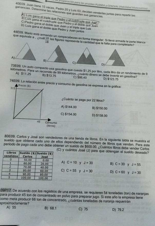 ID preparación para las pruebas PLANEA y CENEVAL (Habilidad Matemática)
40E09. Juan tiene 15 vacas, Pedro 20 y Luis 60; deciden venderlas juntas para repartir las
ganancias. Determine las relaciones que guarden sus ganancias.
A) Luis gana el triple que Pedro y el cuádruple que Juan
B) Luis gana el cuádruple que Pedro y el doble que Juan
C) Pedro gana el doble que Juan y el triple que Luis
D) Luis gana el doble que Pedro y Juan juntos
44E09. Mario está armando un rompecabezas en forma triangular. Si lleva armada la parte blanca
que equivale a . ¿cuál  10/18  las figuras representa la cantidad que le falta para completarlo?
73E09. Un auto compacto usa gasolina que cuesta $1.25 por litro, cada litro da un rendimiento de 9
kilómetros. Para un recorrido de 99 kilómetros, ¿cuánto dinero se debe invertir en gasolina?
A) $11.25 B) $13.75 C) $86.40 D) $123.75
74E09. La relación entconsumo de gasolina se expresa en la gráfica:
¿Cuánto se paga por 22 litros?
A) $144.00 B) $150.00
C) $154.00 D) $158.00
80E09. Carlos y José son vendedores de una tienda de libros. En la siguiente tabla se muestra el
sueldo que obtiene cada uno de ellos dependiendo del número de libros que vendan. Para este
periodo de pago cada uno debe obtener un sueldo de $600.00. ¿Cuántos libros debe vender Carlos
) y cuántos José (J) para que obtengan el sueldo deseado?
A) C=10 y J=30 B) C=30 y J=55
C) C=55 y J=30 D) C=60 y J=30
09P17. De acuerdo con los registros de una empresa, se requieren 54 toneladas (ton) de naranjas
para producir 45 ton de concentrado en polvo para preparar jugo. Si este año la empresa tiene
como meta producir 66 ton de concentrado, ¿ cuántas toneladas de naranja requerirán
aproximadamente?
A) 55 B) 68.1 C) 75 D) 79.2